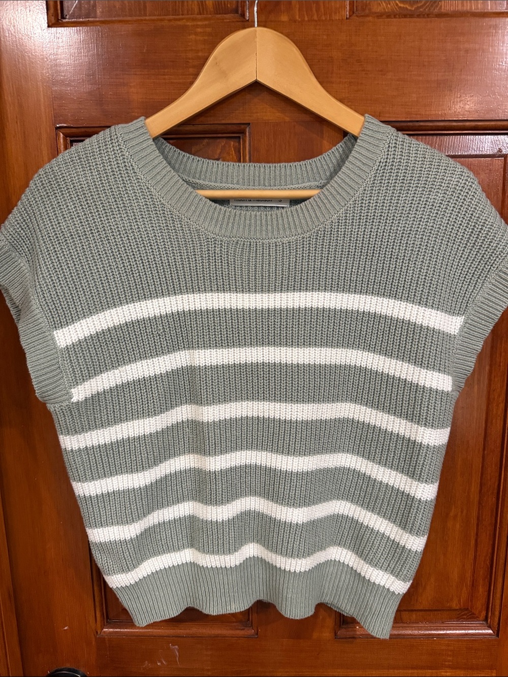 moon & madison Sage Green and White Striped Short-Sleeve Knit Sweater